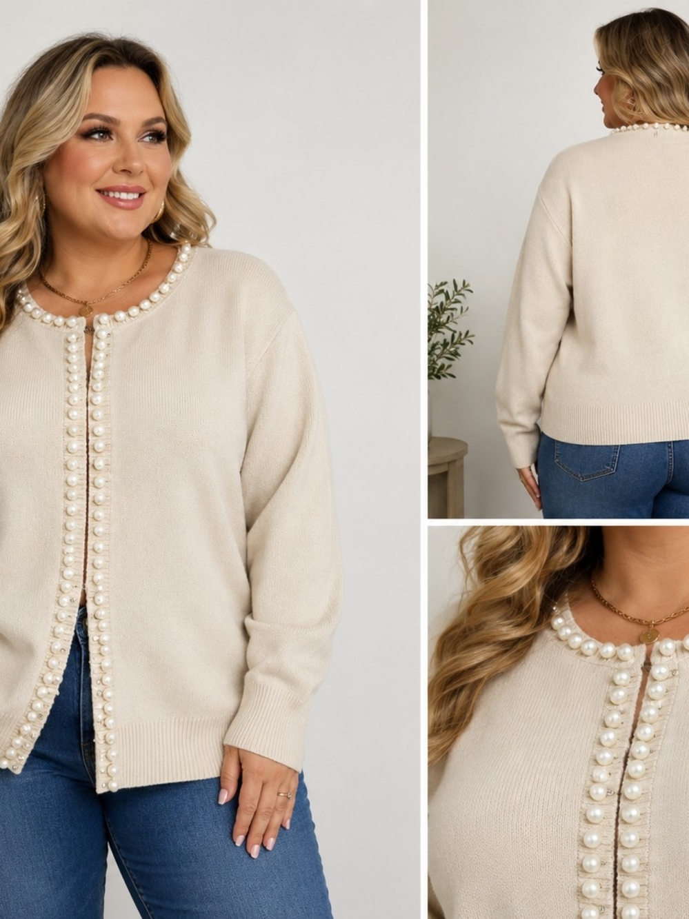 Pearl-Trim Crewneck Cardigan Sweater - Cream